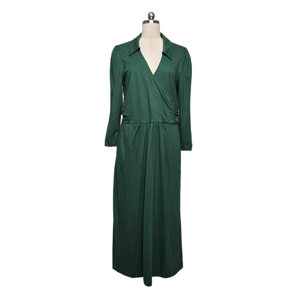 Boden Forest Green Jersey Wrap Maxi Dress Long Sleeve Collared V-Neck Emerald XL